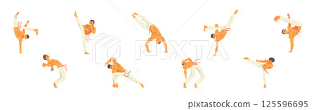 Male Karate Fighter Practicing Martial Art Vector Set 125596695