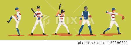 Young Man Baseball Player Playing Bat-and-ball Game Vector Set Young Man Baseball Player Playing Bat-and-ball Game Vector Set 125596701