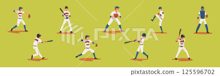 Young Man Baseball Player Playing Bat-and-ball Game Vector Set Young Man Baseball Player Playing Bat-and-ball Game Vector Set 125596702