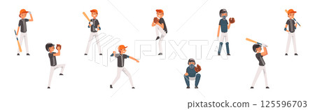 Teen Boy Baseball Player Playing Bat-and-ball Game Vector Set 125596703