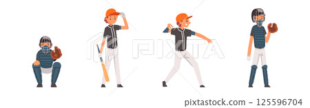 Teen Boy Baseball Player Playing Bat-and-ball Game Vector Set 125596704