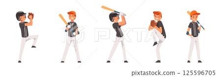 Teen Boy Baseball Player Playing Bat-and-ball Game Vector Set 125596705