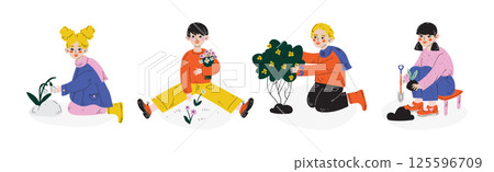 Kids Character Playing Outdoor Enjoy Spring Vector Set Kids Character Playing Outdoor Enjoy Spring Vector Set 125596709