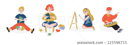 Kid Character Engaged in Hobby and Favorite Activity Vector Set 125596715
