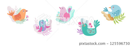 Cute Little Birdie in Bright Foliage and Leaf Vector Set 125596730