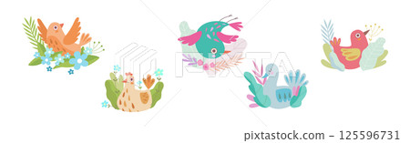 Cute Little Birdie in Bright Foliage and Leaf Vector Set 125596731