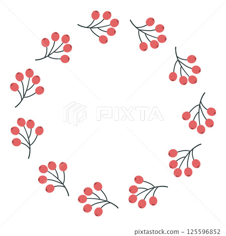Round frame of cartoon twigs with berries. Hand drawn.  Vector illustration 125596852