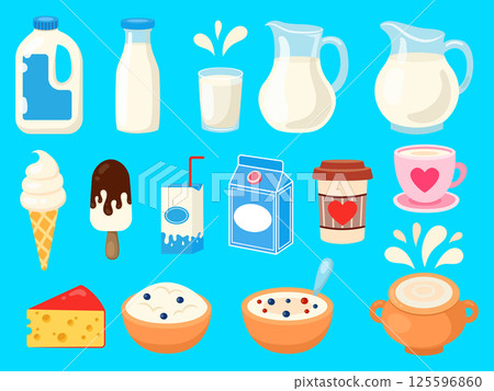 A set of milk in different packages. Vector stickers in flat style A set of milk in different packages. Vector stickers in flat style 125596860