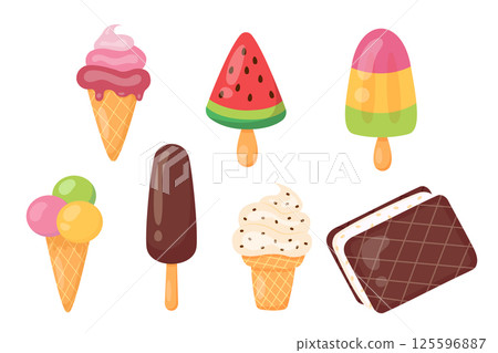 Collection of colorful variations of ice cream.  Vector set of illustrations 125596887