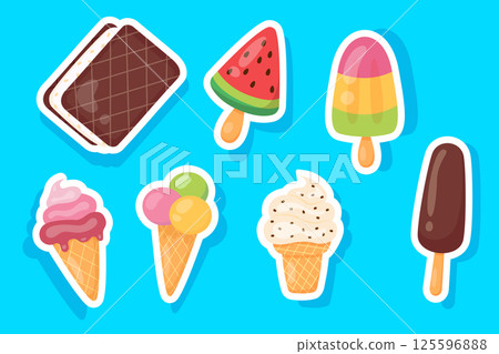 Collection of colorful variations of ice cream.  Vector set of stickers 125596888