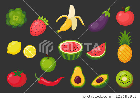 Set of fruits and vegetables. Vector illustration in flat style Set of fruits and vegetables. Vector illustration in flat style 125596915