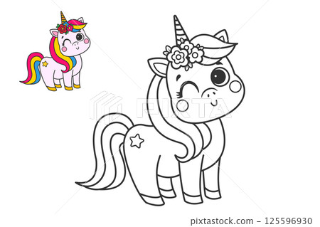 Cute unicorn. Childrens coloring page. Vector illustration. Cute unicorn. Childrens coloring page. Vector illustration. 125596930