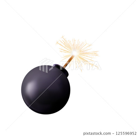 Black Bomb sparkles, realistic bomb with burning fuse. emitting sparks, ready for explode. Isolated weapon. transparent Png with a lit wick creating a sense of imminent explosion illustration 125596952