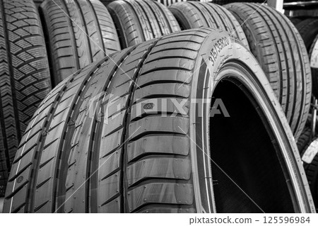 Closeup of the tread of a large size high performance summer tire 125596984