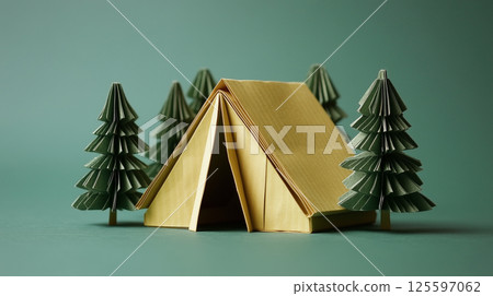 Explore nature with a crafted tent surrounded by paper trees showcasing camping ideas 125597062