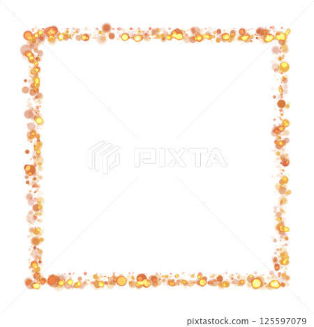 Gold sparkle or glitter lights effect square frame, transparent light bokeh, isolated. Golden border, jewel deco art. Shining dust glowing confetti. Spark object. Png 125597079