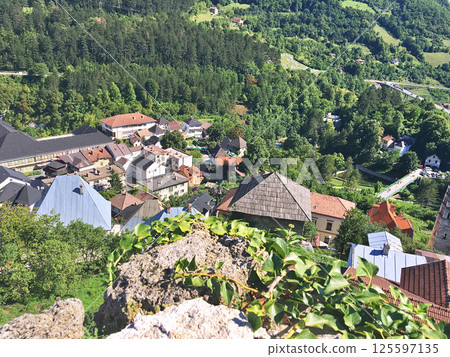 Panoramic view from castle over city Jajce Panoramic view from castle over city Jajce 125597135