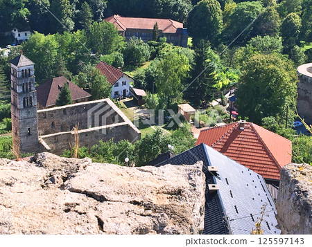 Panoramic view from castle over city Jajce Panoramic view from castle over city Jajce 125597143