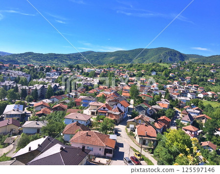 Panoramic view from castle over city Jajce Panoramic view from castle over city Jajce 125597146