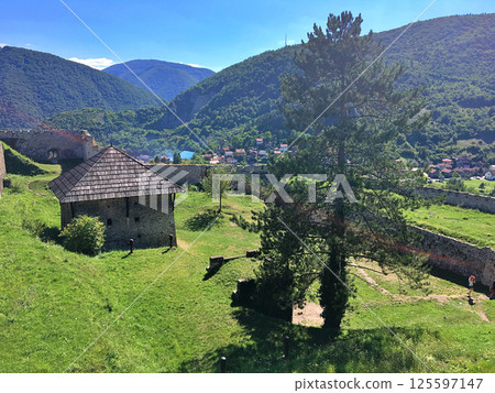 Panoramic view from castle over city Jajce Panoramic view from castle over city Jajce 125597147
