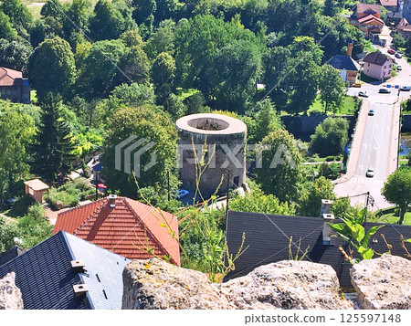 Panoramic view from castle over city Jajce Panoramic view from castle over city Jajce 125597148