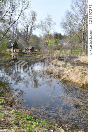 Landscape in early spring with melt water. Village in Russia 125597271