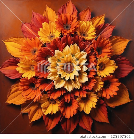 Floral Kaleidoscope: A captivating composition of vibrant blooms in warm autumn hues, arranged in a symmetrical display of petals. 125597501