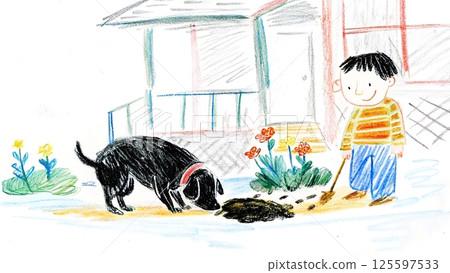 Dog and Boy Exploring Yard: A heartwarming illustration depicts a young boy and his dog, exploring their yard.  125597533