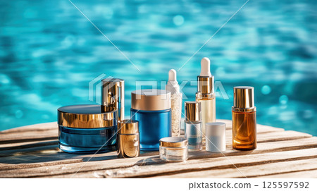 Poolside skincare lineup Poolside skincare lineup 125597592