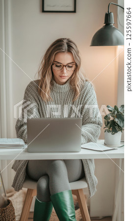 Cozy workspace with a person working 125597664