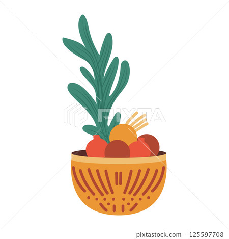 Traditional Morocco bowl with fruit in flat design. Oranges, pomegranate in pot. Vector illustration isolated. 125597708