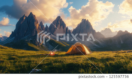 Camping in the mountains at sunset 125597736