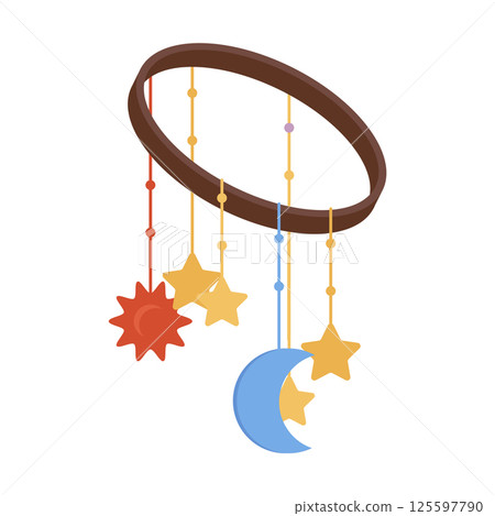 Baby crib mobile in flat design. Hanging toy with stars, moon and sun. Vector illustration isolated. Baby crib mobile in flat design. Hanging toy with stars, moon and sun. Vector illustration isolated. 125597790