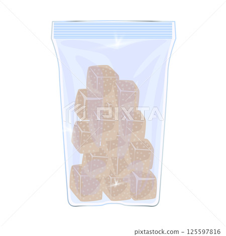 Brown sugar cubes in package in flat design. Sweet cane blocks in pack. Vector illustration isolated. Brown sugar cubes in package in flat design. Sweet cane blocks in pack. Vector illustration isolated. 125597816