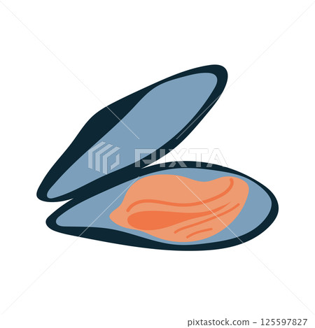 Shell with mussel in flat design. Mollusk ingredient for seafood menu. Vector illustration isolated. 125597827