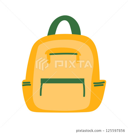Yellow school backpack in flat design. Student bag, children package. Vector illustration isolated. 125597856
