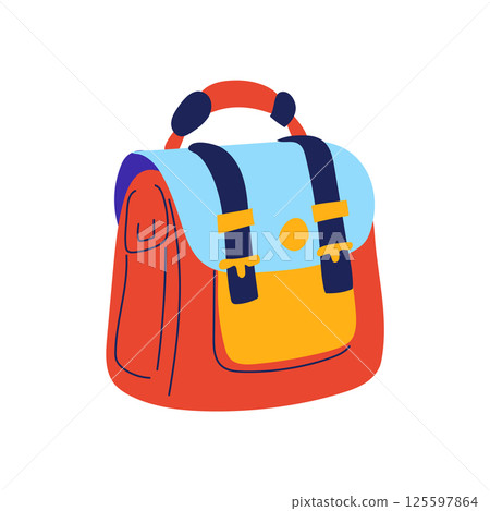 Children schoolbag in flat design. Student backpack, school bag accessory. Vector illustration isolated. 125597864