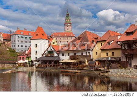 View of the river and the historical part of the city, Cesky Krumlov, Czech Republic 125598097