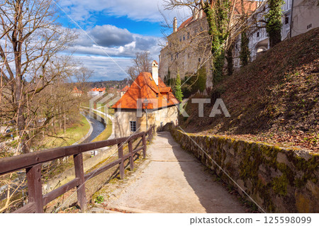View of the river and the historical part of the city, Cesky Krumlov, Czech Republic 125598099