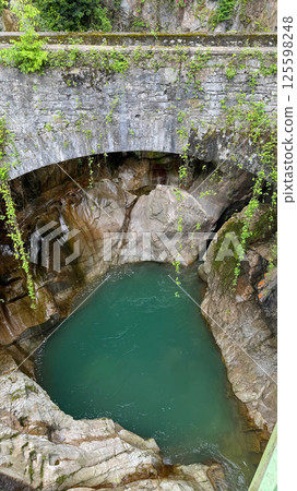 Serene natural pool in Orrido di Bellano surrounded by rocky cliffs,lush greenery under stone bridge Serene natural pool in Orrido di Bellano surrounded by rocky cliffs,lush greenery under stone bridge 125598248
