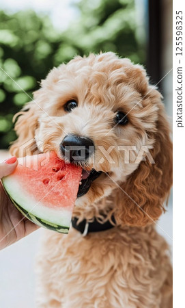 A toy poodle with a summery expression munching on watermelon 125598325
