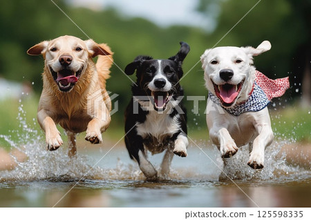 A powerful scene of three dogs running side by side through water 125598335