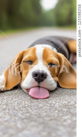 A beagle dog suffering from heatstroke lying on the road with its tongue out A beagle dog suffering from heatstroke lying on the road with its tongue out 125598358