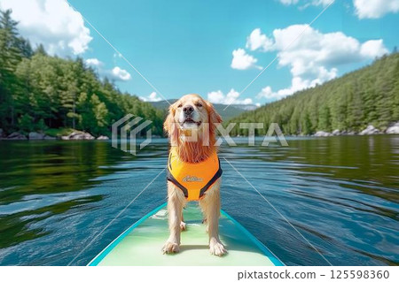 Golden retriever's adventurous spirit riding a SUP on the lake Golden retriever's adventurous spirit riding a SUP on the lake 125598360