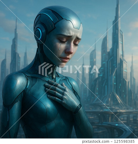 A female AI crying with her hand on her chest and a futuristic city in the background 125598385