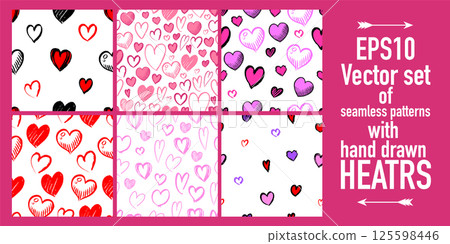 Set of seamless pattern of hand drawn hearts. collection scribble markers heart symbol isolated on Set of seamless pattern of hand drawn hearts. collection scribble markers heart symbol isolated on 125598446