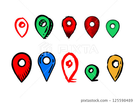 Hand drawn Map pins, doodle navigation, sign location. Set isolated on white background. Hand drawn Map pins, doodle navigation, sign location. Set isolated on white background. 125598489