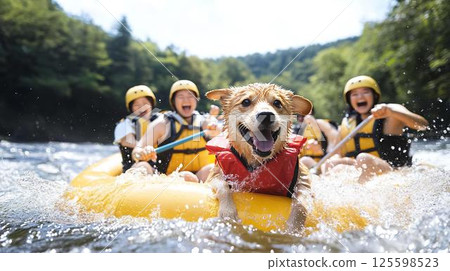 活潑的柴犬和他的朋友們正在享受漂流 125598523