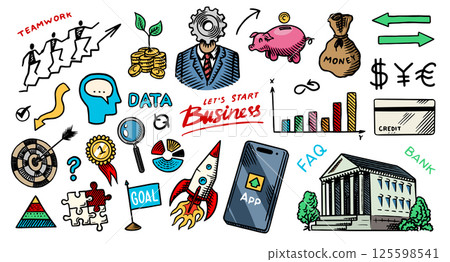 Business doodles hand drawn icons. Management concept. Vector clipart illustration. Line and Ink 125598541
