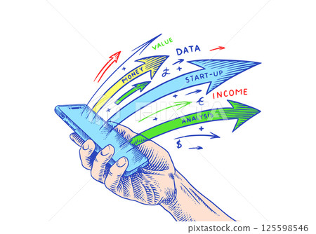 Open hand giving or receiving. Hologram of boosting arrows or graph chart. Vector clipart 125598546